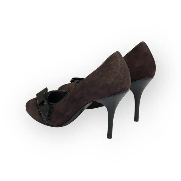 new Via Spiga ༄ Peep Toe Stiletto Heel Bow Pumps ༄ Suede Patent Leather ༄ Brown - Picture 5 of 16